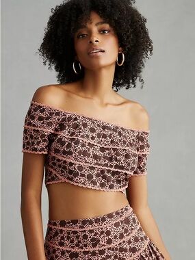 New Anthropologie Embroidered Ruffle Top Feminine Coquette Vacation Neutral